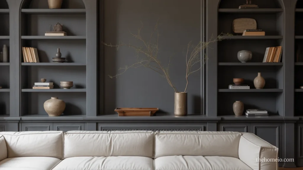Moody neutral living room with edited shelf styling, pottery, and books