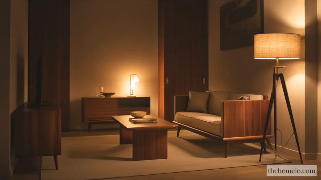 Small apartment living room with warm layered lighting and mid-century furniture