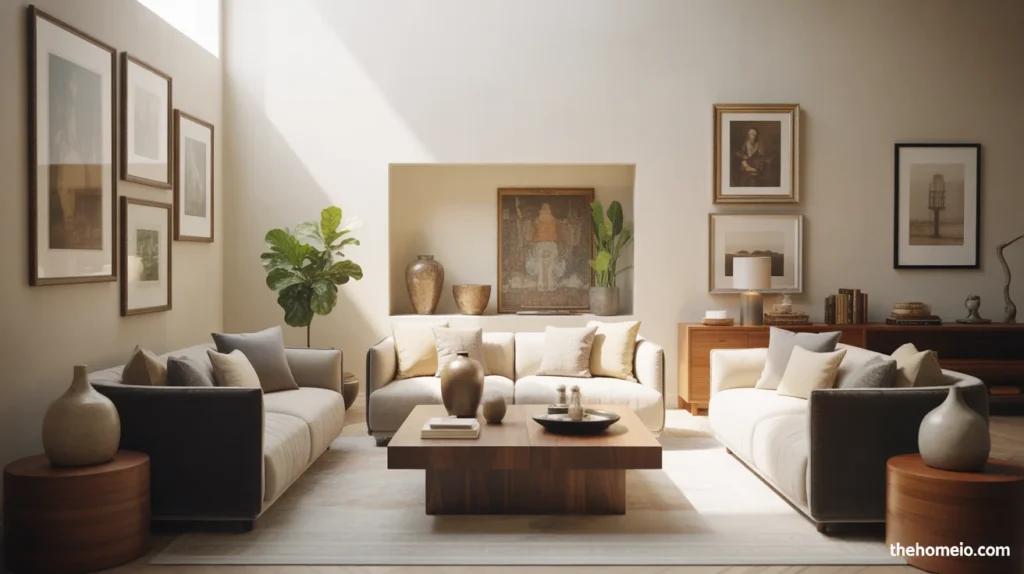 Cozy living room with books, framed art, and personal decor pieces