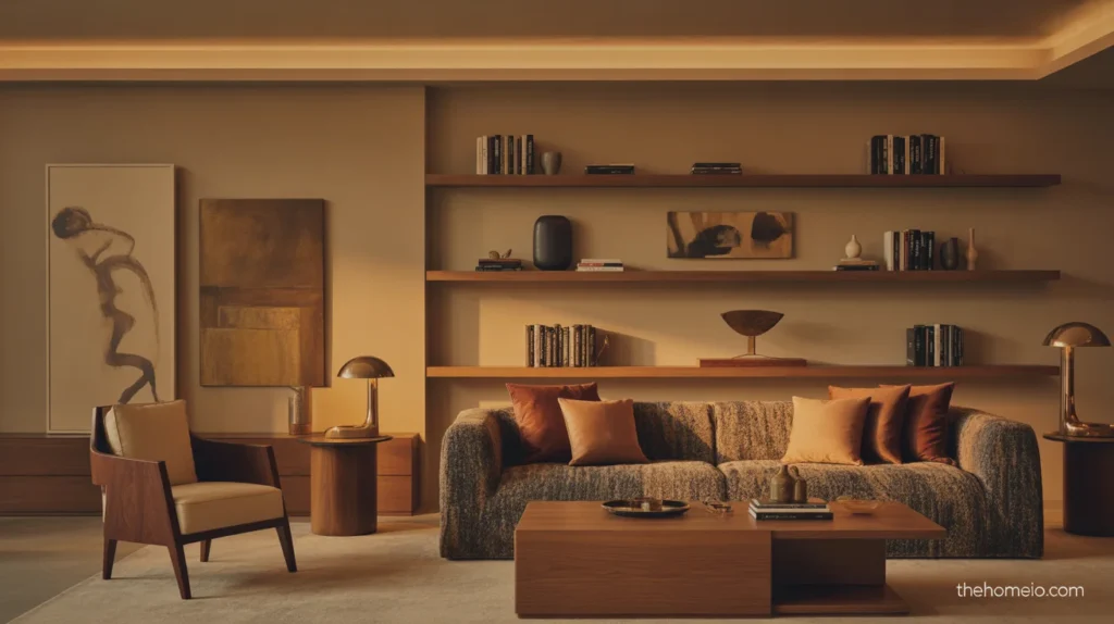 Contemporary living room with personal art, books, and a warm collected finish