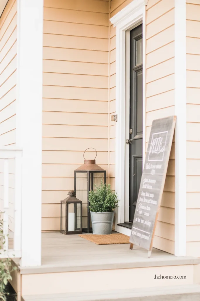 Simple styled front porch vignette with black lantern potted plant and decorative wooden sign near American home front door