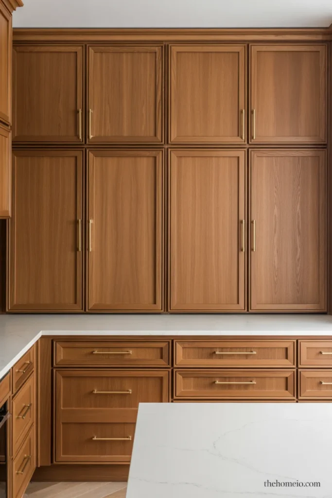Flat-panel oak kitchen cabinets with white quartz countertops and brass pulls