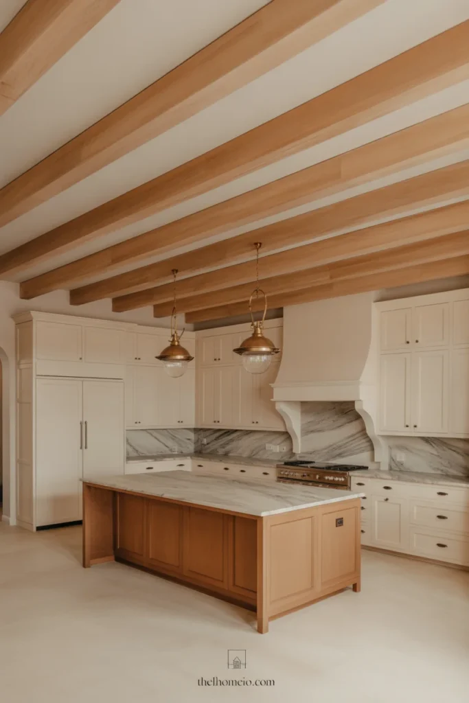 Modern farmhouse kitchen with exposed wood beams and warm cream cabinetry
