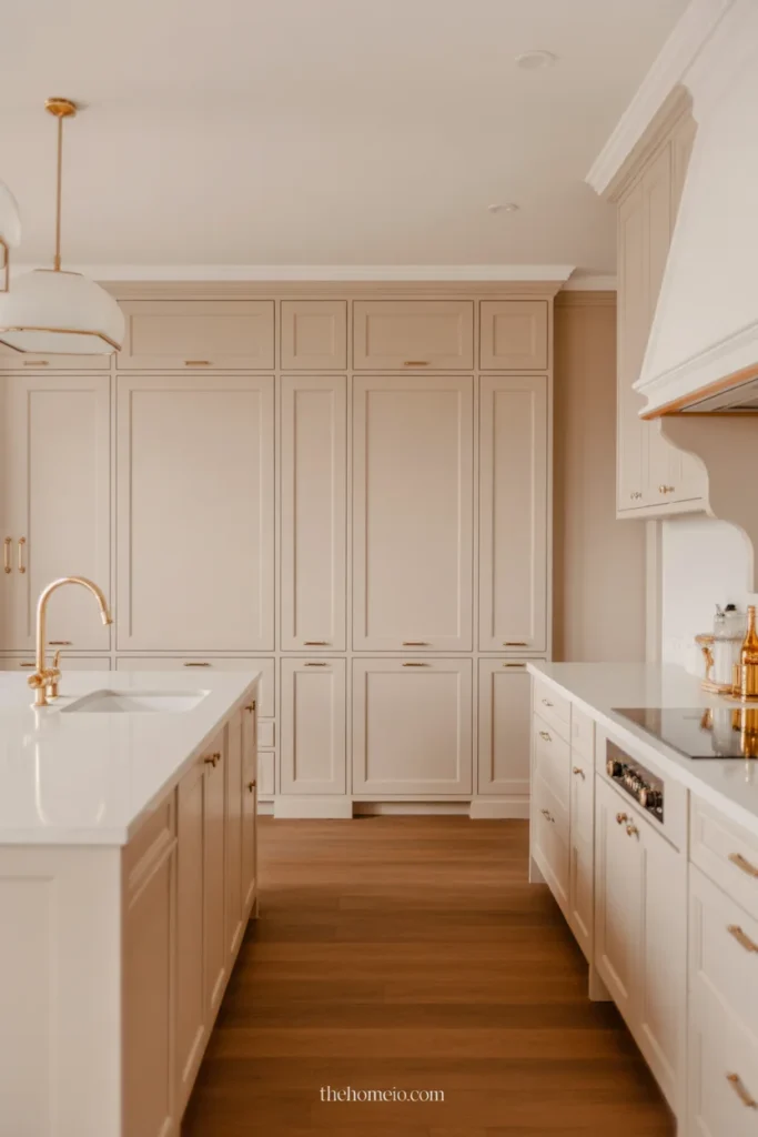 White kitchen cabinets set against soft greige walls with warm brass details