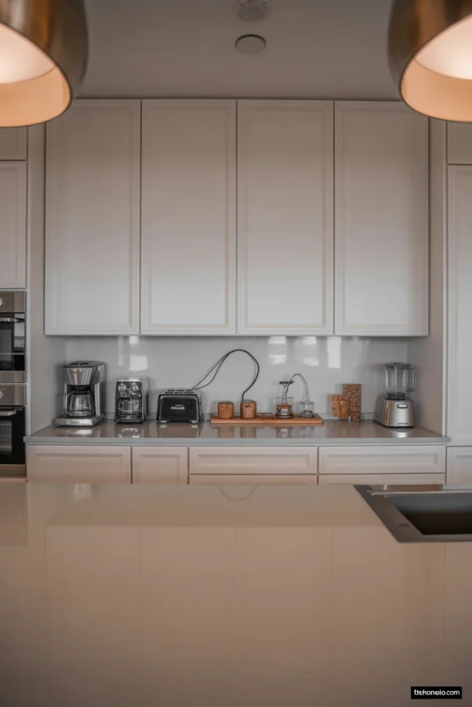 Kitchen counter with neatly styled small appliances and simple decor