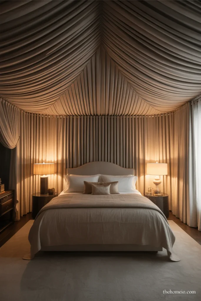 Elegant bedroom with full pleated drapery and a custom window treatment look