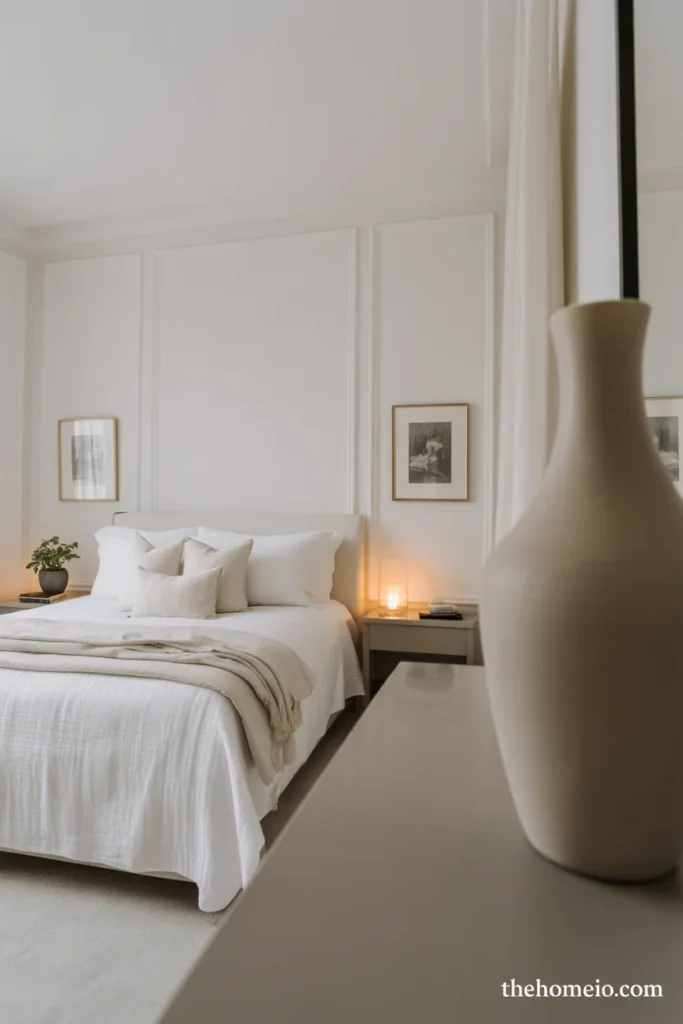 White bedroom with simple personal decor, framed art, candle, and a small plant