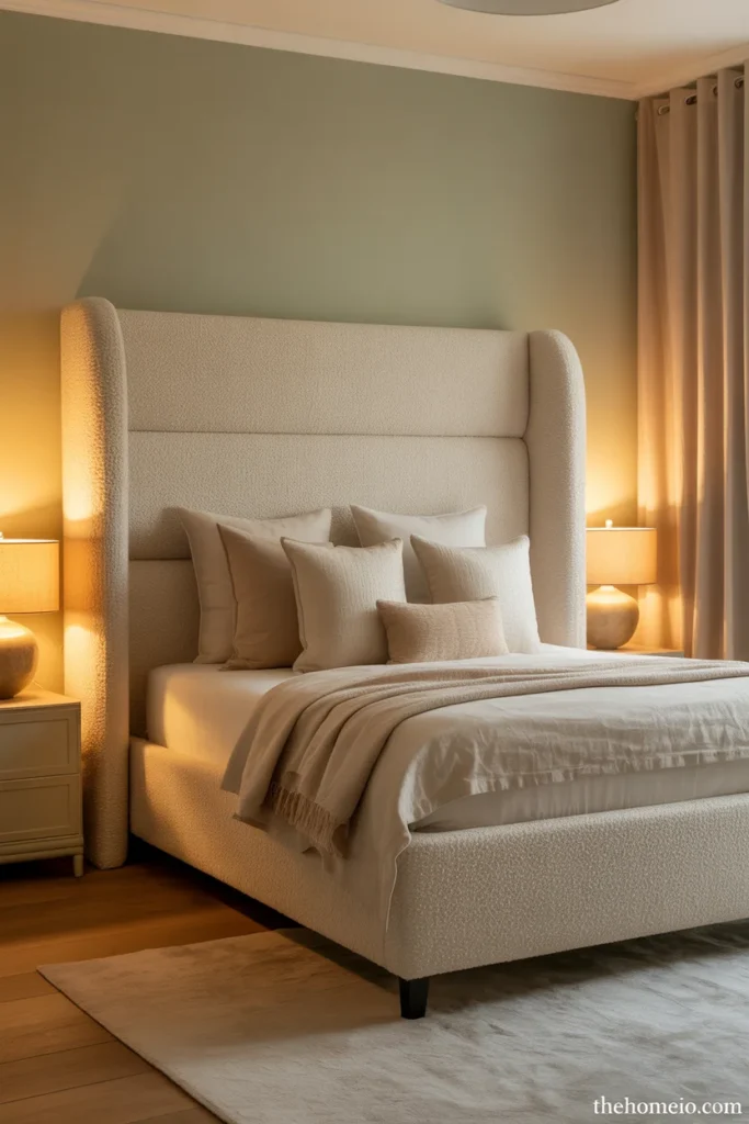 Teen bedroom with tall cream boucle upholstered headboard framing layered bed against warm painted wall
