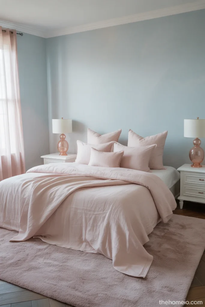 Soft romantic bedroom with pale blue walls blush linen bedding blush rug and rose gold table lamps