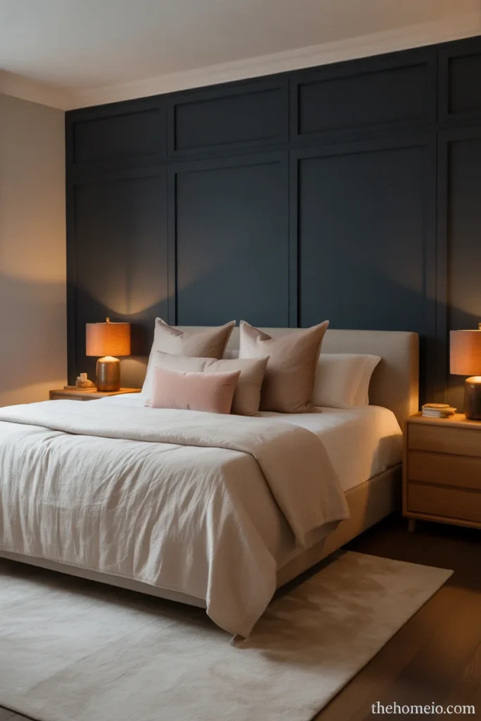 Sophisticated bedroom with deep charcoal gray accent wall cream blush bedding wood nightstands and amber lamps