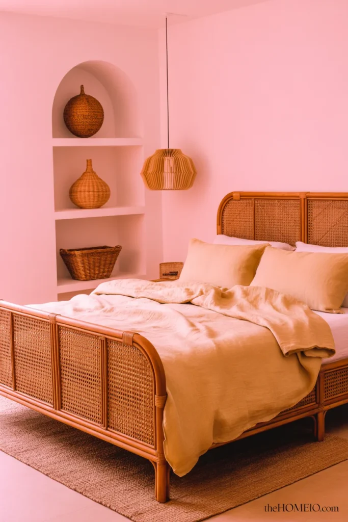 Earthy stylish bedroom with pale pink walls rattan bed frame rattan pendant light jute rug and linen bedding