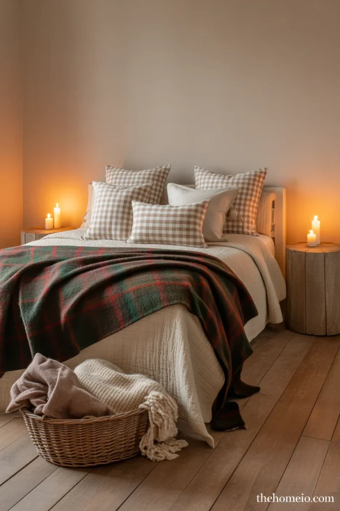 Cozy winter farmhouse bedroom with wool plaid blanket chunky knit throw flannel shams woven basket and glowing candles