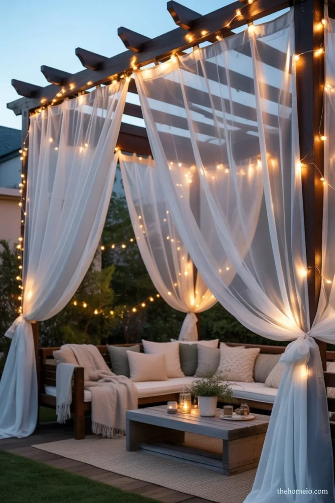 Backyard pergola with sheer curtains and warm string lights draped, cozy seating with blankets, evening soft lighting,
