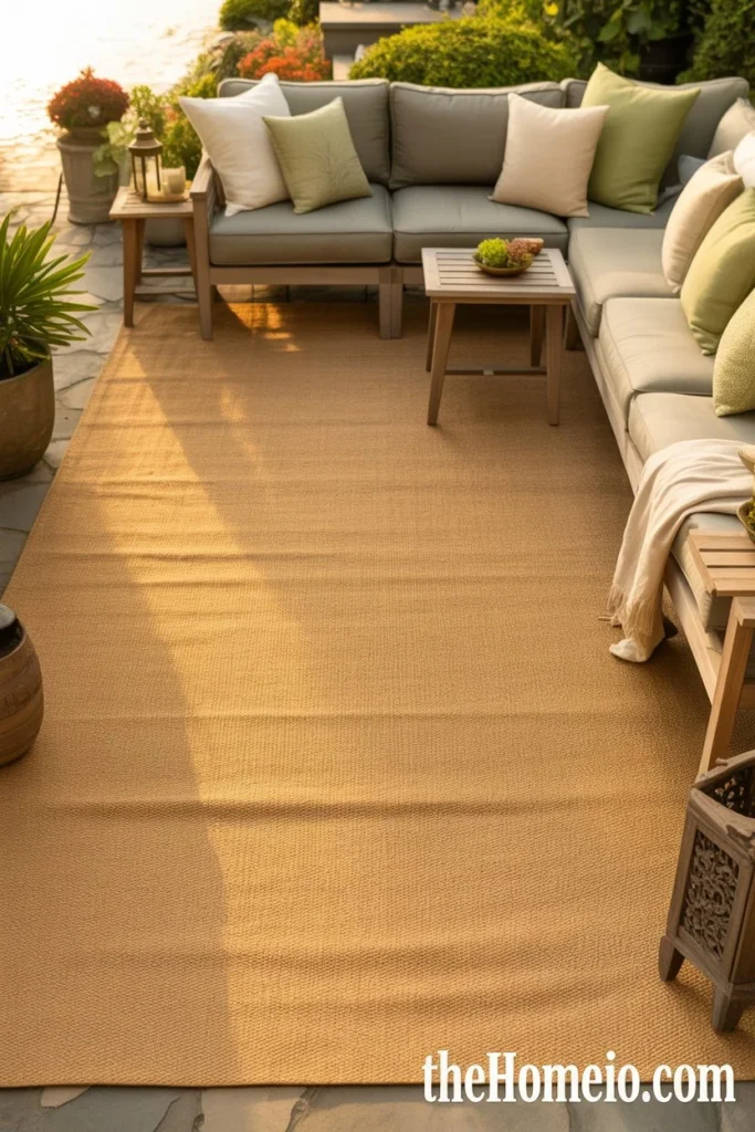 Calm backyard patio with large warm oatmeal neutral outdoor rug gray sectional sofa and interchangeable cream and sage pillows