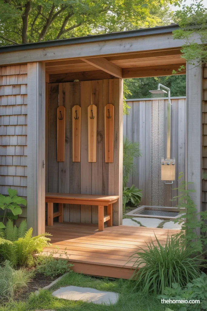 backyard outdoor shower with attached cedar changing area showing hooks bench duck board floor and shower enclosure beyond