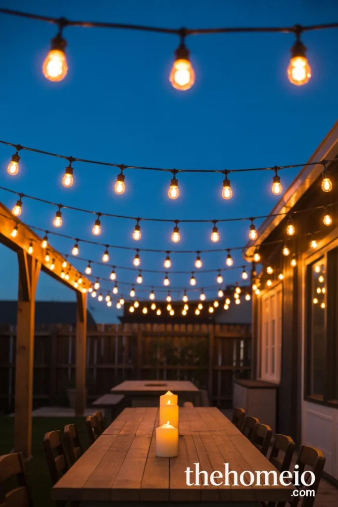 patio dining table at dusk with warm Edison string lights in focused canopy five feet above table surface and candles below