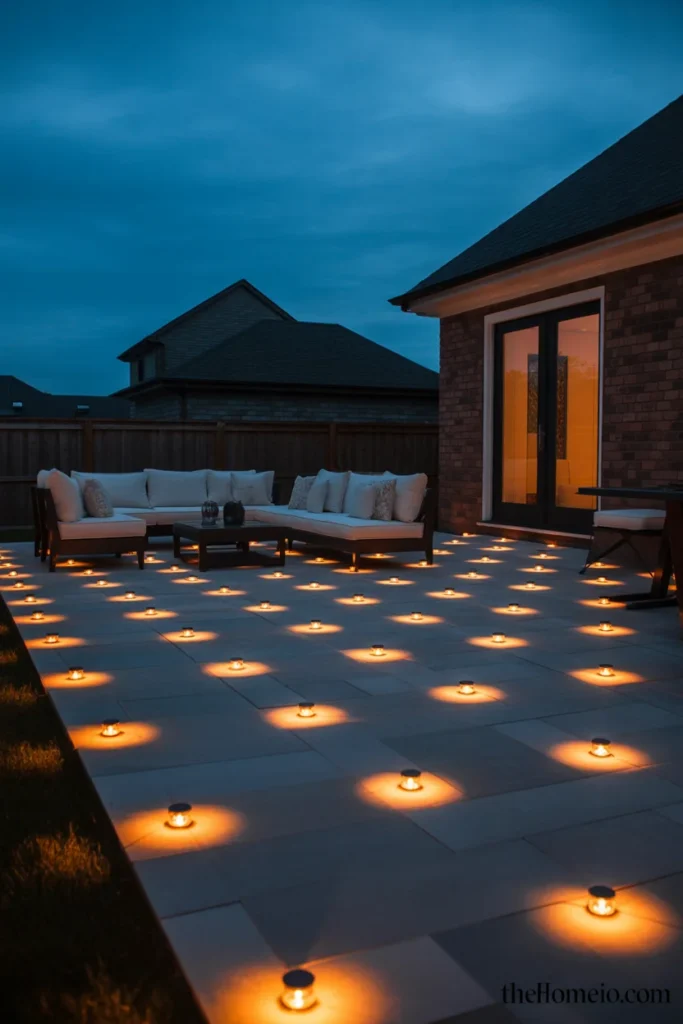 backyard patio at dusk with recessed LED paver lights flush with surface creating warm amber glowing grid across patio floor