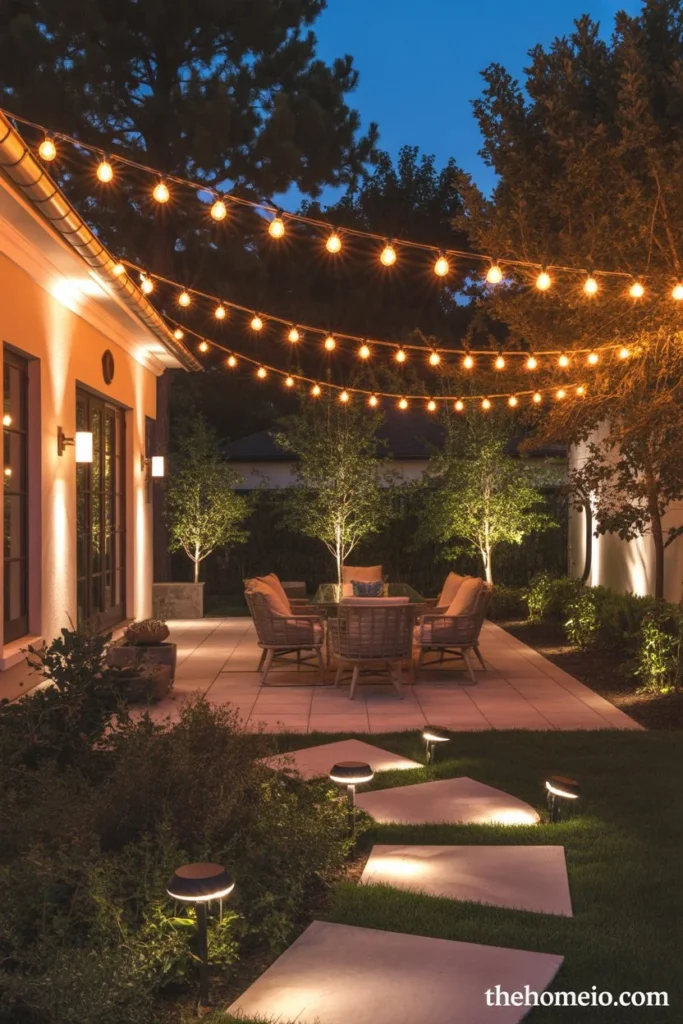 Perfectly lit , backyard patio at night showing all three lighting layers string lights wall sconces tree uplighting and recessed paver lights