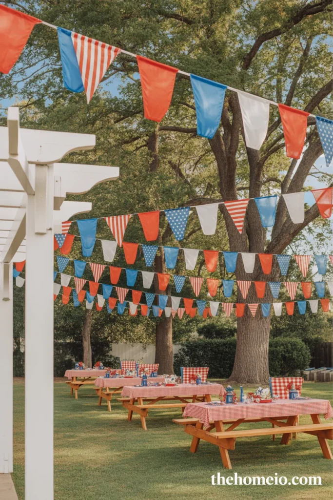 4th of July party with red white and blue fabric pennant banners strung between trees and pergola at varying heights