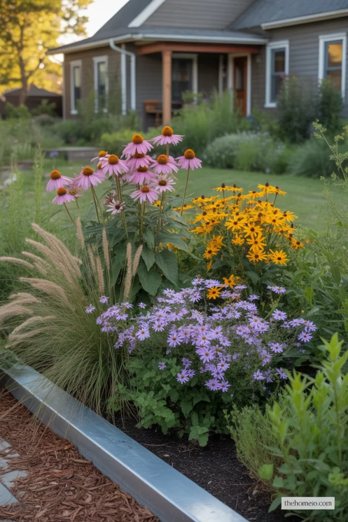 Native plant front yard garden bed with coneflowers black eyed Susans and ornamental grasses in bloom