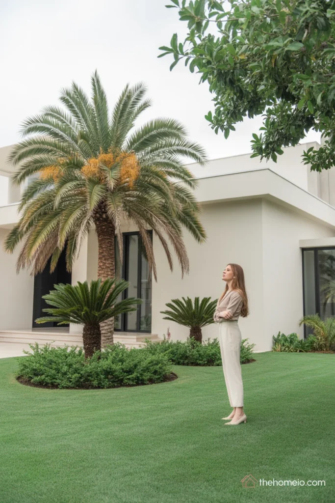 Front yard with a light intentional tropical layout using just a few palms