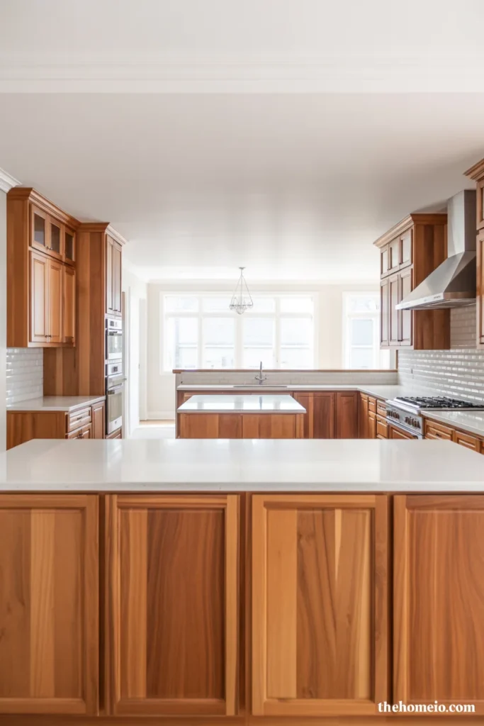 Kitchen with natural wood cabinets, white stone counters, and warm neutral styling
