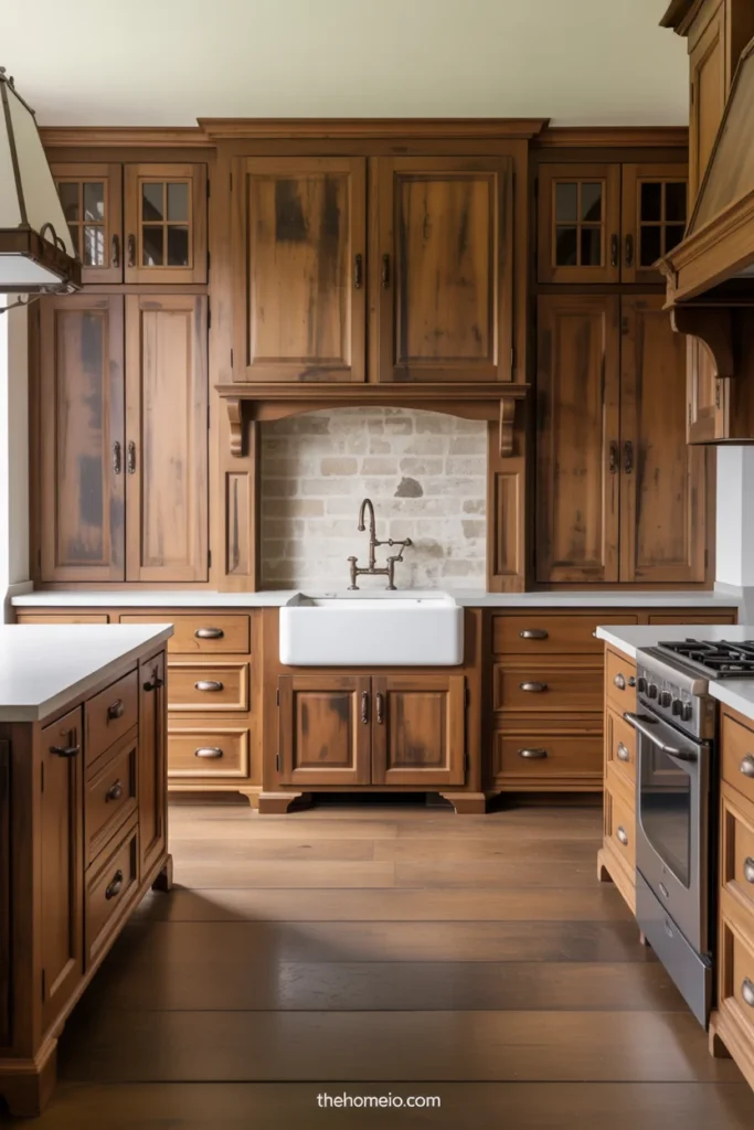 Warm farmhouse kitchen with aged brass hardware, wood cabinets, and stone backsplash