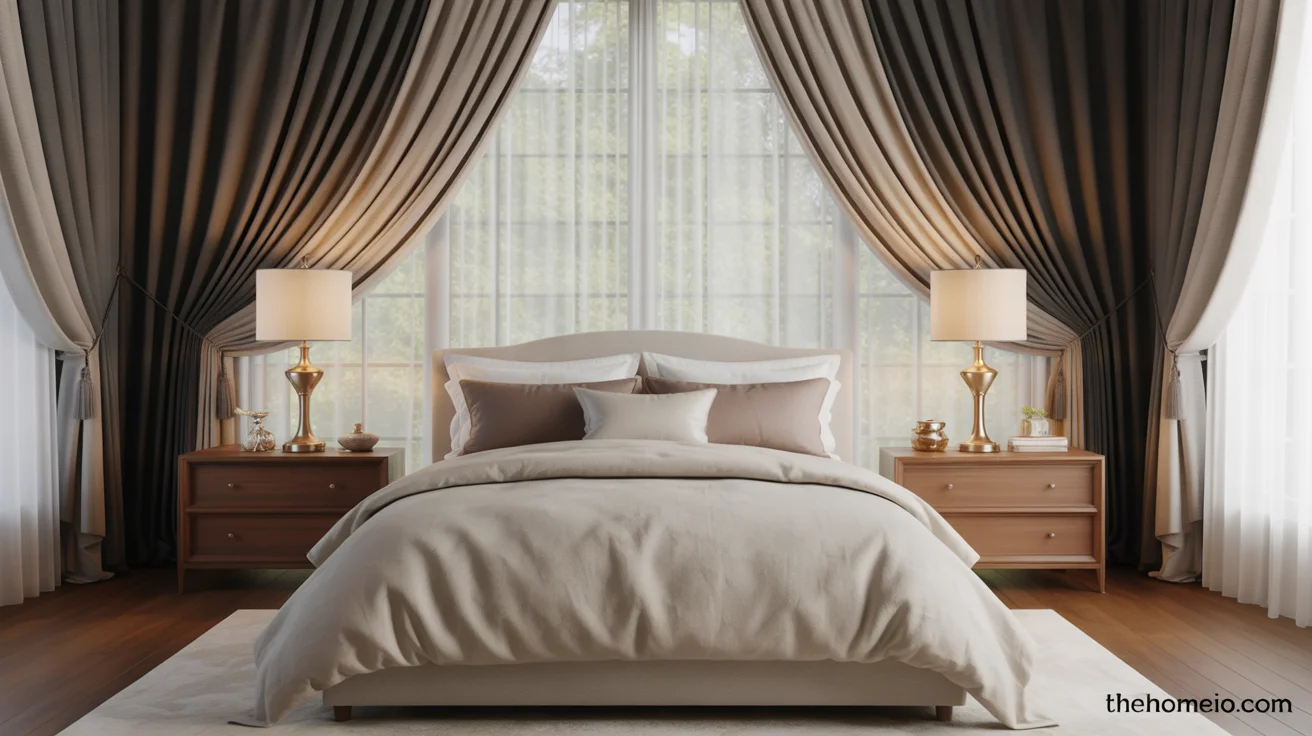 Bedroom with layered sheer and blackout curtains, neutral bedding, and warm wood furniture showing Bedroom Curtain Ideas