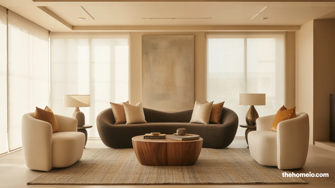Modern contemporary living room ideas with warm neutrals, curved sofa, textured rug, and wood coffee table