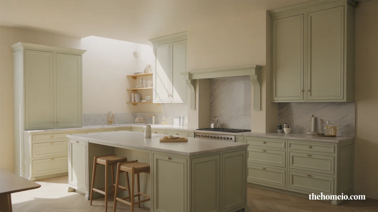 Modern kitchen with warm neutral cabinets, brass hardware, and a full island view for Kitchen Cabinet Color Ideas