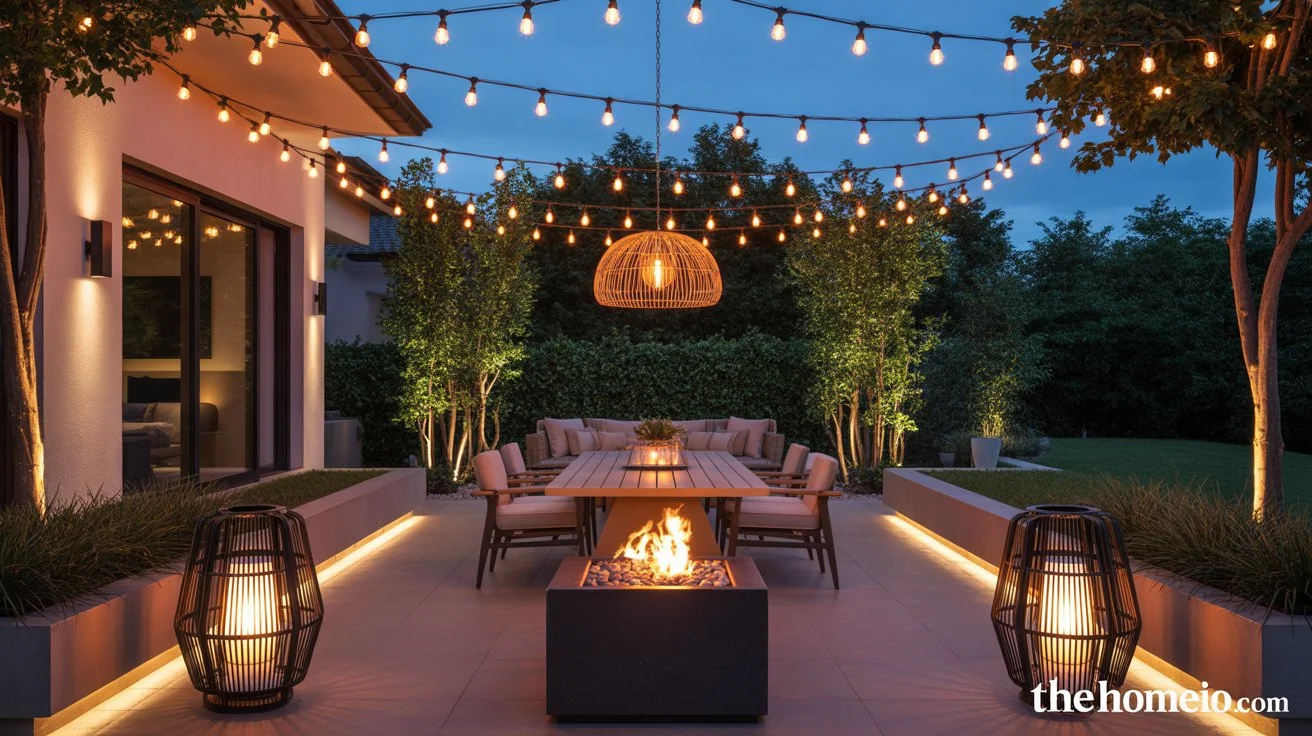 Beautifully lit , backyard patio at dusk with string lights pendant light floor lanterns recessed paver lights wall sconces fire pit and uplighted trees
