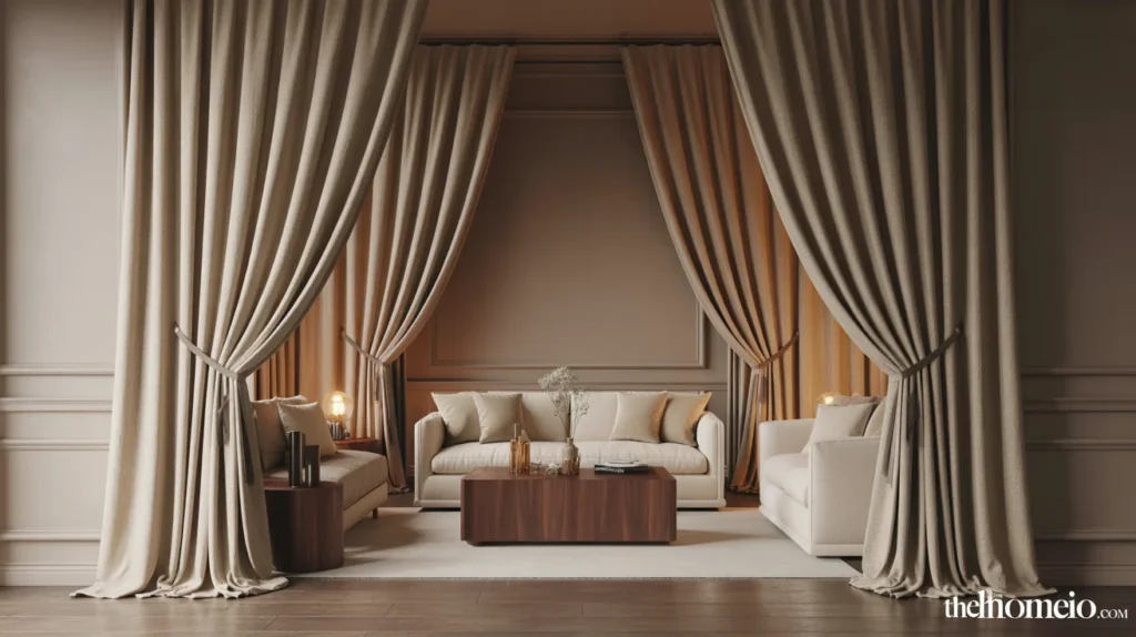 Moody neutral living room with floor-length taupe linen curtains and warm layered styling