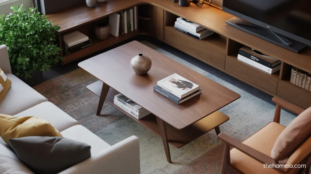 Small mid-century apartment living room with light edited decor and an uncluttered layout