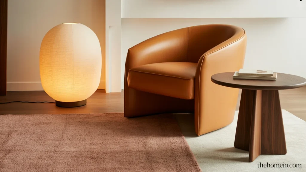 Cozy living room with curved chair, round table, and soft warm styling