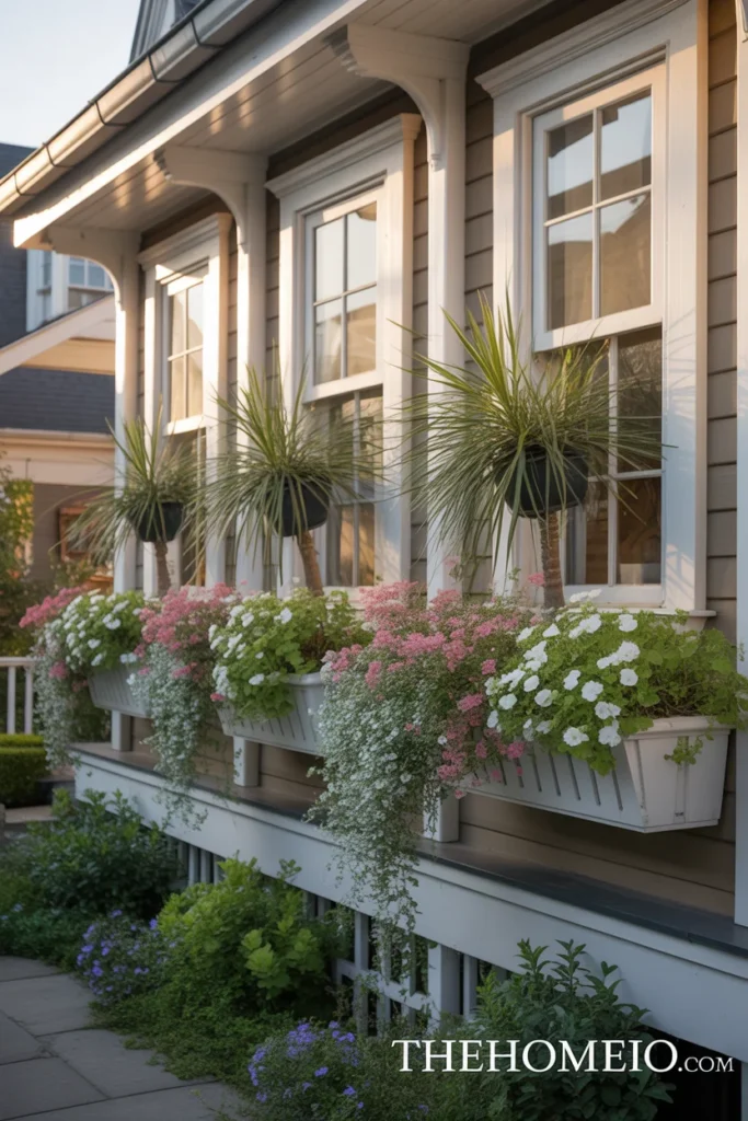 home front porch window boxes with thriller filler spiller planting combination in pink white and green