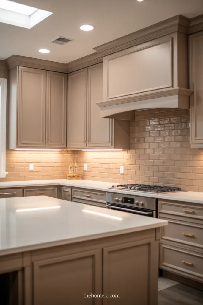 Soft taupe kitchen cabinets with white countertops and brushed gold hardware