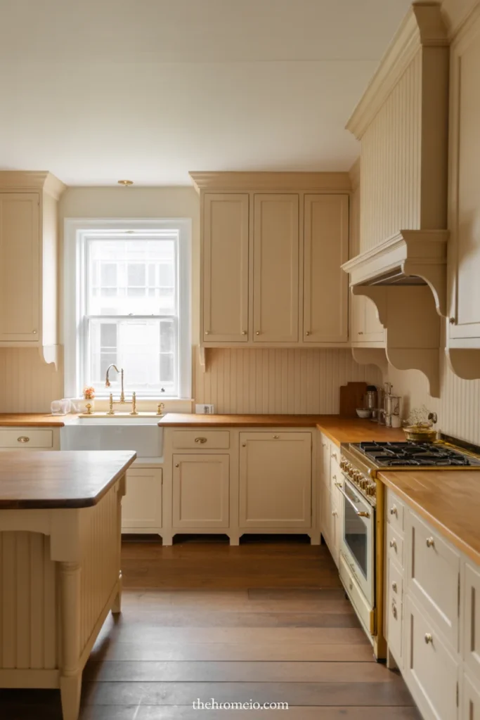 Farmhouse kitchen with beadboard walls, cream cabinets, and wood accents