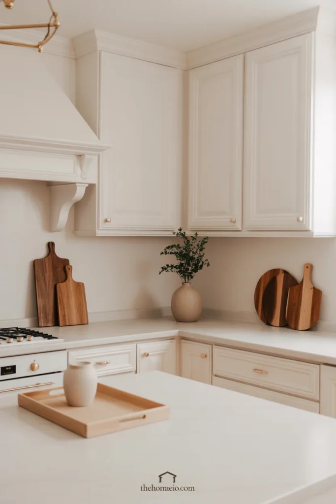 White kitchen styled with wooden boards, ceramic vase, and warm simple decor