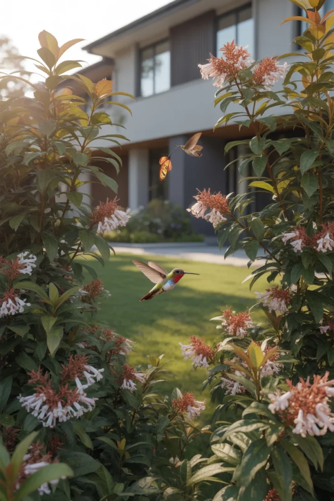 Front yard landscaping with Abelia shrubs in full sun, featuring glossy green leaves with bronze tones and delicate pink-white flowers, attracting butterflies and hummingbirds, planted along the front of a modern house.