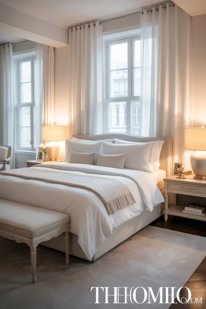 Hotel-style white bedroom with layered bedding, full drapery, and warm elegant lighting