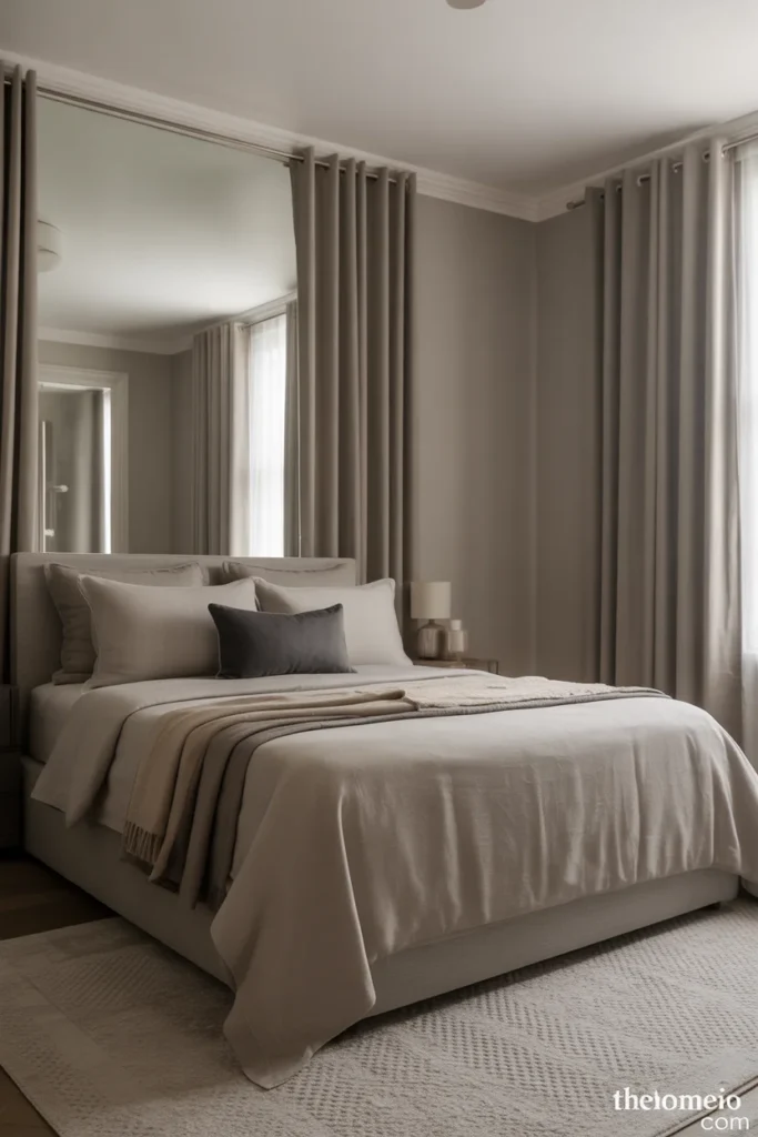 Grey bedroom with layered tones of greige, mushroom, charcoal, and soft white