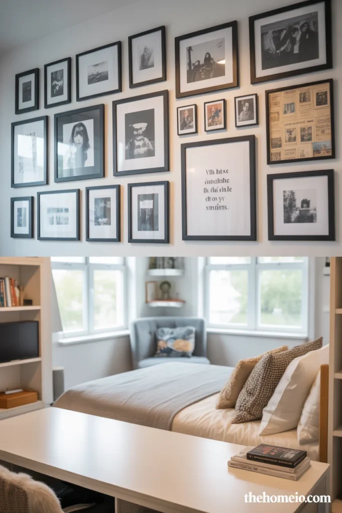 Teen bedroom gallery wall with framed art prints polaroid photos quotes and postcards in matching black frames above desk