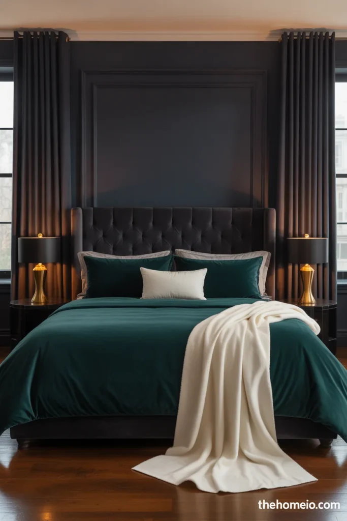 Luxury master bedroom with black accent wall emerald velvet bedding charcoal curtains and warm bedside lamps