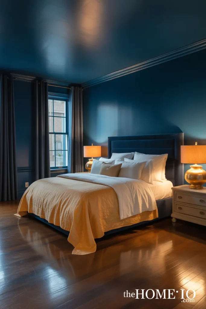 Sophisticated master bedroom with deep midnight navy walls cream bedding amber lamps and charcoal floor to ceiling curtains