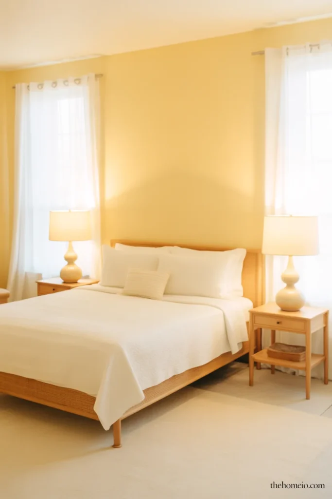 Cheerful cozy bedroom with soft creamy butter yellow walls white bedding wood frame and bright natural daylight