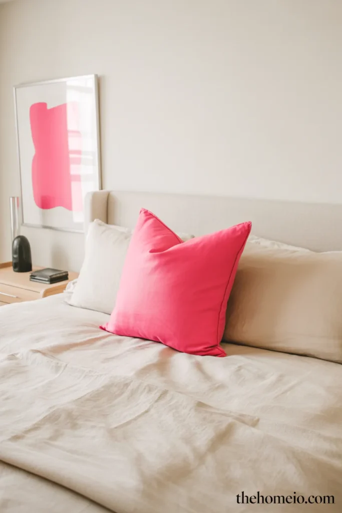 Modern neutral bedroom with single bold hot pink throw pillow and hot pink framed art print as accent