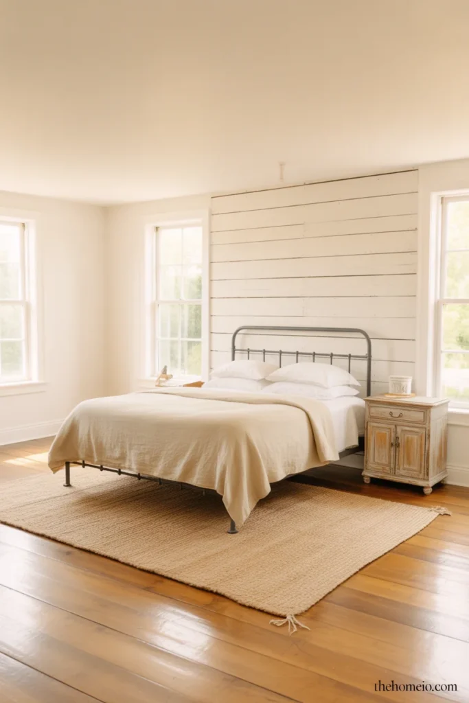 Budget farmhouse bedroom with warm white walls iron bed frame cream linen duvet jute rug and peel and stick shiplap accent wall