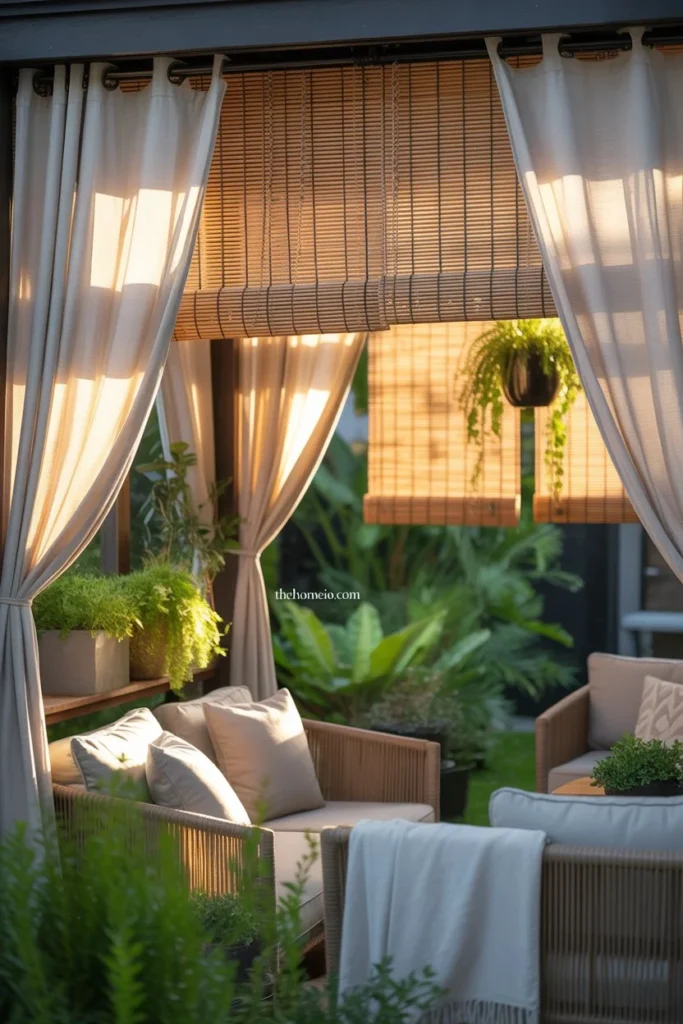Patio with both curtains and bamboo shades layered, comfortable seating, green plants, warm sunlight filtering through, modern and functional backyard setup, realistic, inviting,