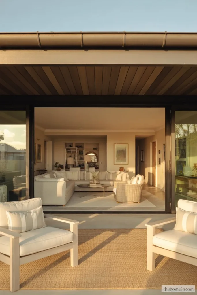 home with sliding glass door connecting interior living room to patio with matching warm gray outdoor rug bridging both spaces