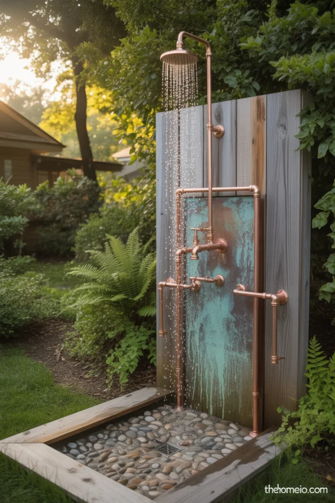 backyard outdoor shower with exposed copper pipe supply lines developing verdigris patina copper rain head and pebble floor